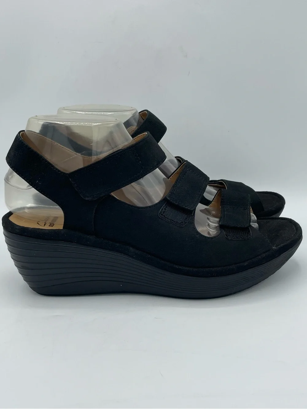 Clarks Black Three-Strap Wedge Sandals